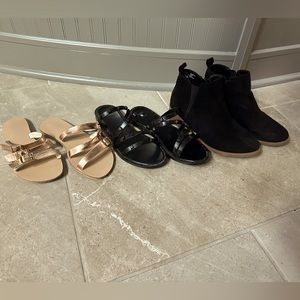 Lot of size 7 shoes. Two pairs of sandals and one pair of booties.